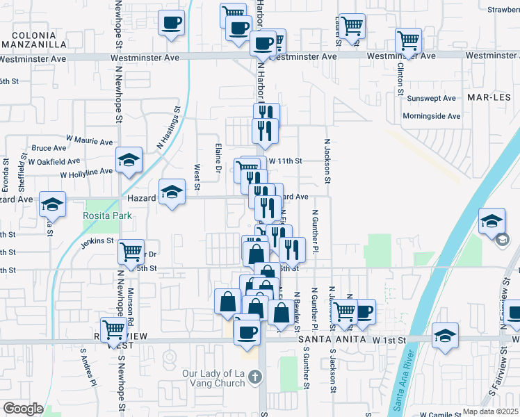 map of restaurants, bars, coffee shops, grocery stores, and more near 715 North Harbor Boulevard in Santa Ana