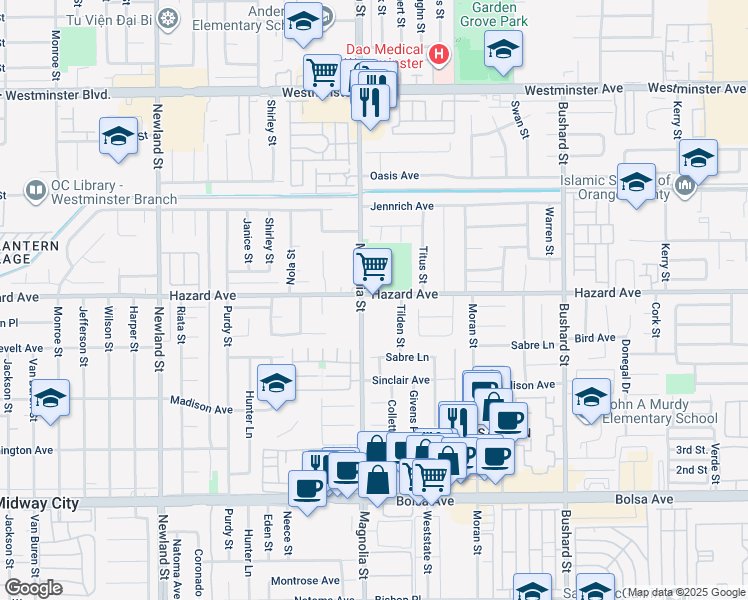 map of restaurants, bars, coffee shops, grocery stores, and more near 14520 Magnolia Street in Westminster
