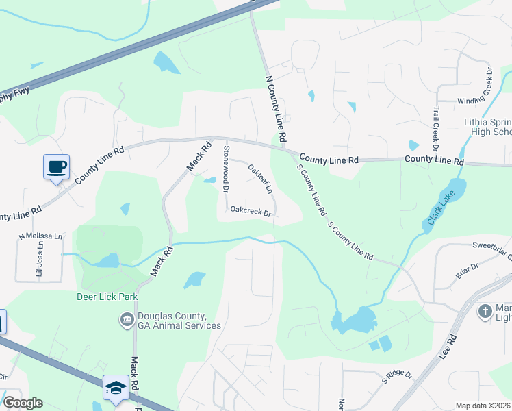 map of restaurants, bars, coffee shops, grocery stores, and more near 2061 Oakcreek Drive in Lithia Springs