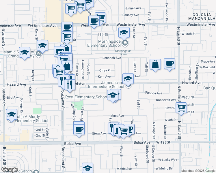 map of restaurants, bars, coffee shops, grocery stores, and more near 14522 Petsworth Lane in Westminster