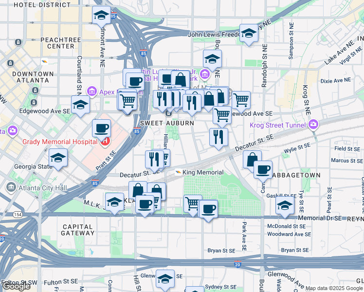 map of restaurants, bars, coffee shops, grocery stores, and more near 89 William Holmes Borders Senior Drive Southeast in Atlanta