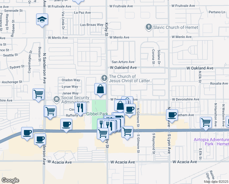 map of restaurants, bars, coffee shops, grocery stores, and more near 2391 Antigua Court in Hemet