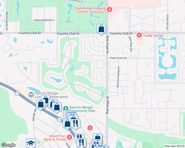map of restaurants, bars, coffee shops, grocery stores, and more near 89 La Ronda Drive in Rancho Mirage