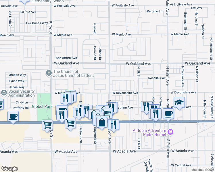 map of restaurants, bars, coffee shops, grocery stores, and more near 348 Calle Cazadero in Hemet