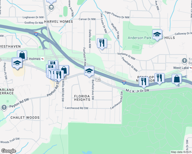 map of restaurants, bars, coffee shops, grocery stores, and more near 2163 Martin Luther King Junior Drive Southwest in Atlanta
