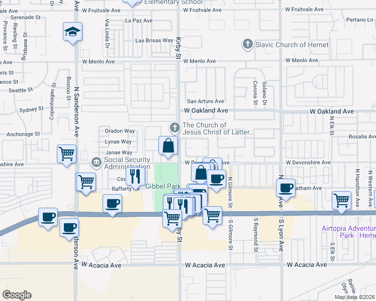 map of restaurants, bars, coffee shops, grocery stores, and more near 2439 Antigua Court in Hemet