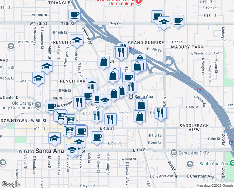 map of restaurants, bars, coffee shops, grocery stores, and more near 920 East Santa Ana Boulevard in Santa Ana