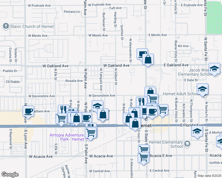 map of restaurants, bars, coffee shops, grocery stores, and more near in Hemet