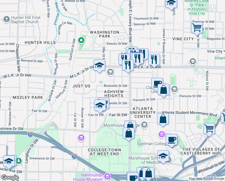 map of restaurants, bars, coffee shops, grocery stores, and more near 987 Palmetto Avenue Southwest in Atlanta