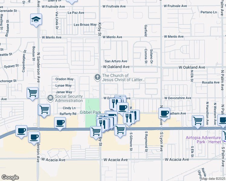 map of restaurants, bars, coffee shops, grocery stores, and more near 2327 Callao Court in Hemet