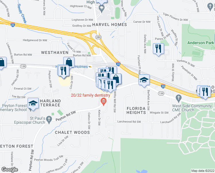 map of restaurants, bars, coffee shops, grocery stores, and more near 2462 Martin Luther King Junior Drive Southwest in Atlanta