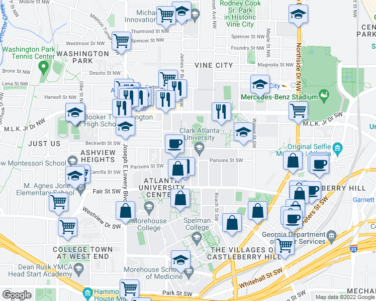 map of restaurants, bars, coffee shops, grocery stores, and more near 114 James P Brawley Drive Southwest in Atlanta