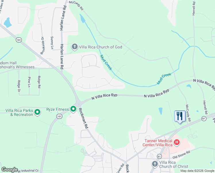 map of restaurants, bars, coffee shops, grocery stores, and more near 143 Reid Plantation Drive in Villa Rica