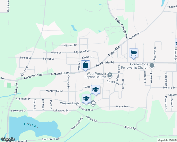 map of restaurants, bars, coffee shops, grocery stores, and more near 1107 Alexandria Road in Weaver