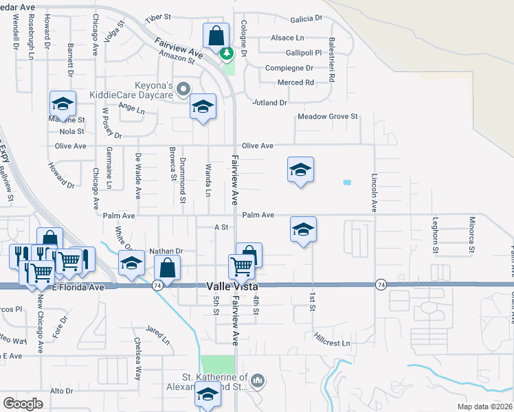 map of restaurants, bars, coffee shops, grocery stores, and more near 2 North Palm Avenue in Hemet