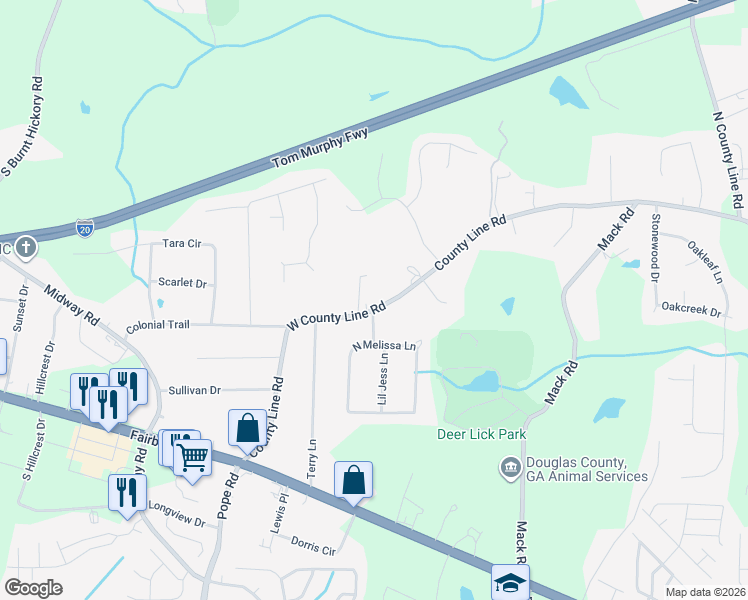 map of restaurants, bars, coffee shops, grocery stores, and more near 3433 West County Line Road in Douglasville