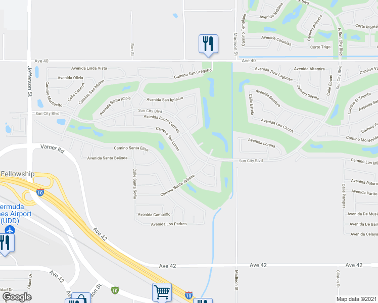 map of restaurants, bars, coffee shops, grocery stores, and more near 80785 Avenida Santa Carmen in Indio