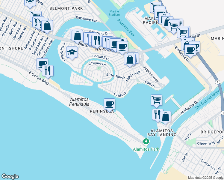 map of restaurants, bars, coffee shops, grocery stores, and more near 5801 Corso Di Napoli in Long Beach