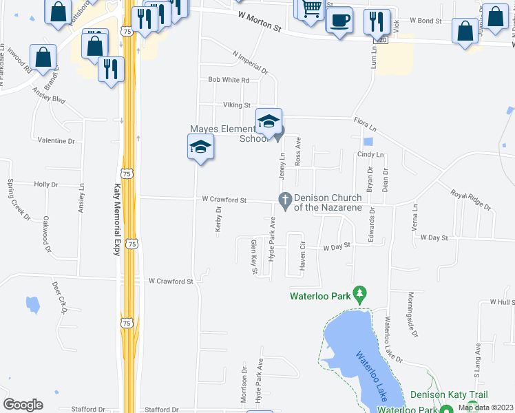 map of restaurants, bars, coffee shops, grocery stores, and more near 2818 West Crawford Street in Denison