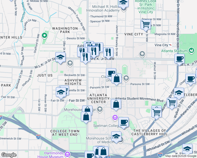 map of restaurants, bars, coffee shops, grocery stores, and more near 856 Beckwith Street Southwest in Atlanta