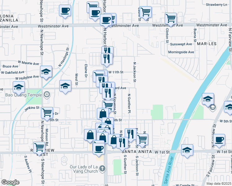 map of restaurants, bars, coffee shops, grocery stores, and more near 2 North Figueroa Street in Santa Ana