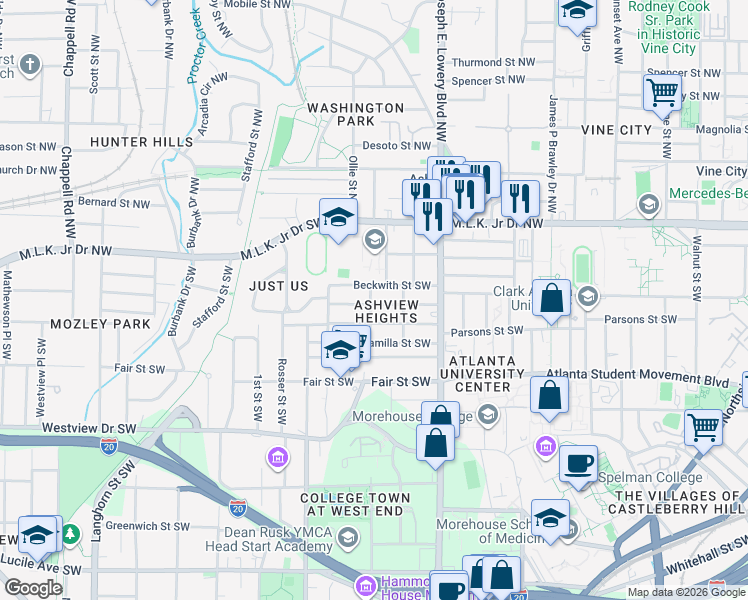 map of restaurants, bars, coffee shops, grocery stores, and more near 999 Palmetto Avenue Southwest in Atlanta