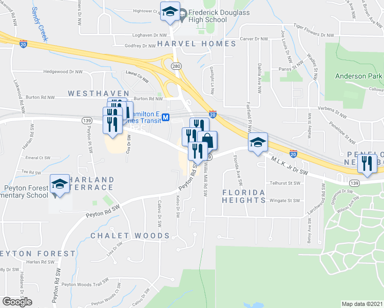map of restaurants, bars, coffee shops, grocery stores, and more near 2468 Martin Luther King Jr Dr SW in Atlanta