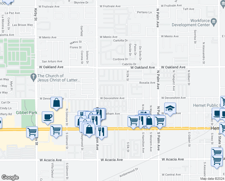 map of restaurants, bars, coffee shops, grocery stores, and more near 332 North Lyon Avenue in Hemet