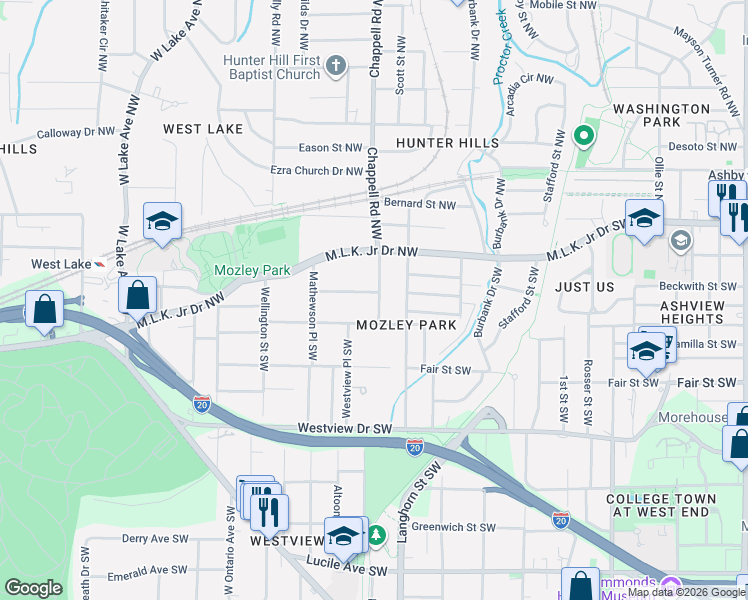 map of restaurants, bars, coffee shops, grocery stores, and more near 1407 Mozley Place Southwest in Atlanta