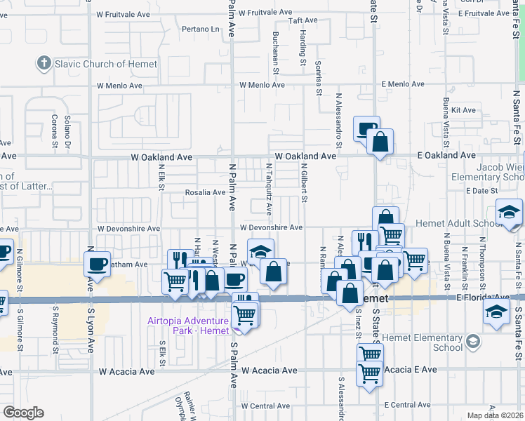 map of restaurants, bars, coffee shops, grocery stores, and more near 728 Malibu St in Hemet