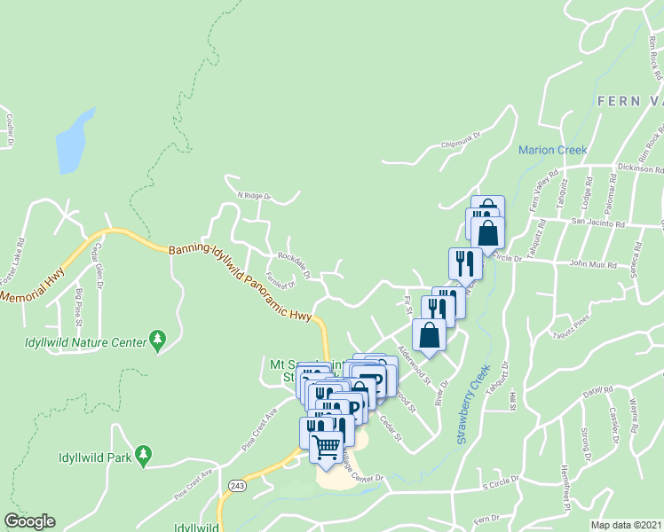 map of restaurants, bars, coffee shops, grocery stores, and more near 54342 Rockdale Drive in Idyllwild-Pine Cove