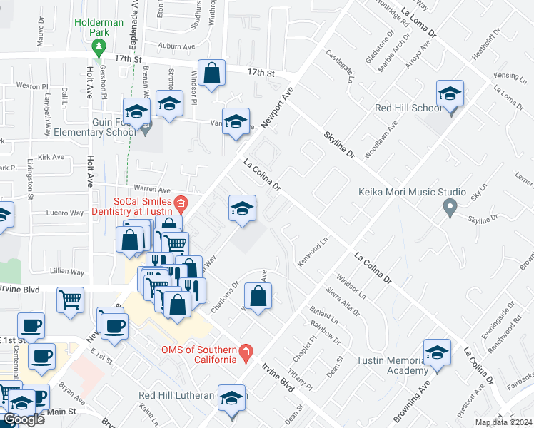 map of restaurants, bars, coffee shops, grocery stores, and more near 12542 Wedgwood Circle in Tustin