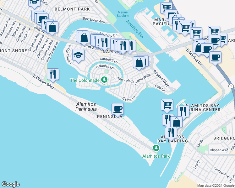 map of restaurants, bars, coffee shops, grocery stores, and more near 21 Sicilian Walk in Long Beach