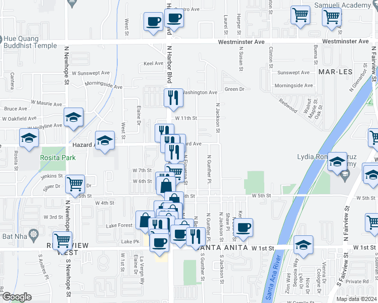 map of restaurants, bars, coffee shops, grocery stores, and more near 809 North Figueroa Street in Santa Ana