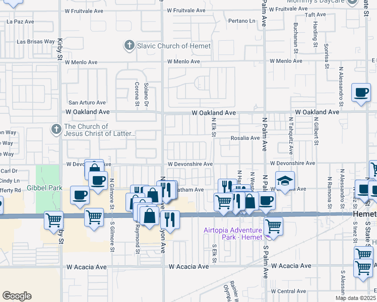 map of restaurants, bars, coffee shops, grocery stores, and more near 332 North Lyon Avenue in Hemet