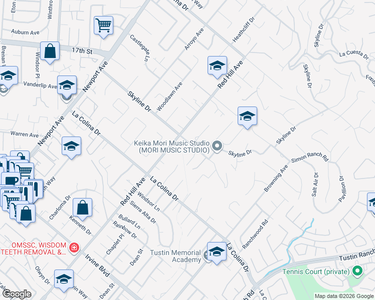 map of restaurants, bars, coffee shops, grocery stores, and more near 1596 Skyline Drive in Santa Ana