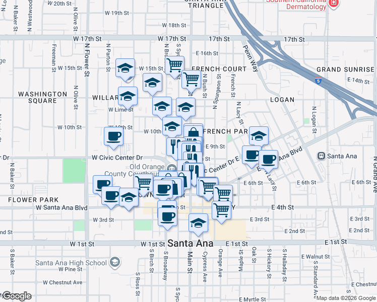 map of restaurants, bars, coffee shops, grocery stores, and more near 205 West Civic Center Drive in Santa Ana