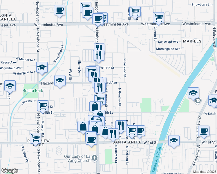 map of restaurants, bars, coffee shops, grocery stores, and more near 722 North Bewley Street in Santa Ana