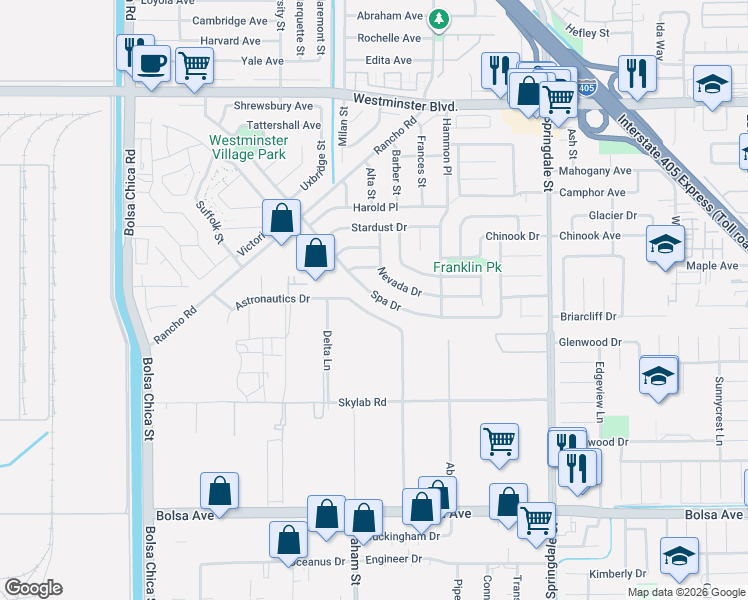 map of restaurants, bars, coffee shops, grocery stores, and more near 5572 Spa Drive in Huntington Beach