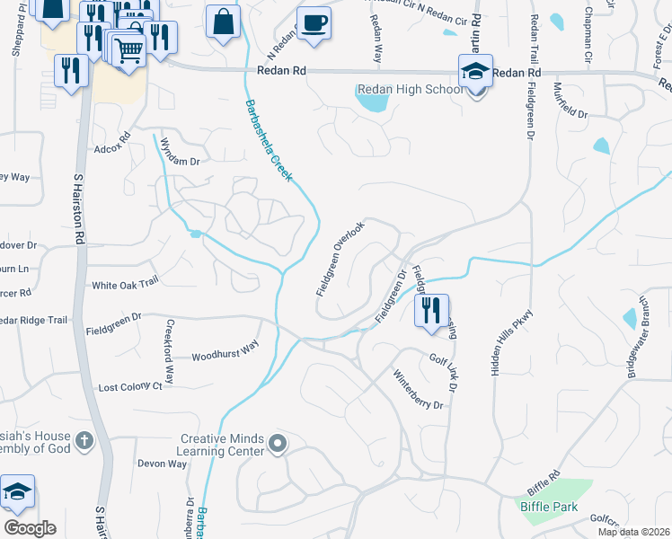 map of restaurants, bars, coffee shops, grocery stores, and more near 1588 Fieldgreen Overlook in Stone Mountain