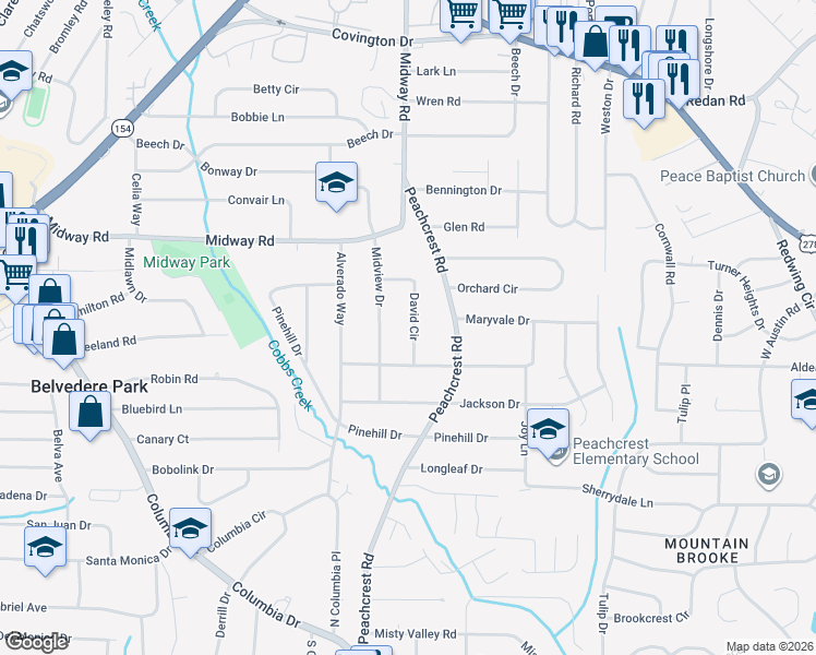 map of restaurants, bars, coffee shops, grocery stores, and more near 1407 David Circle in Decatur