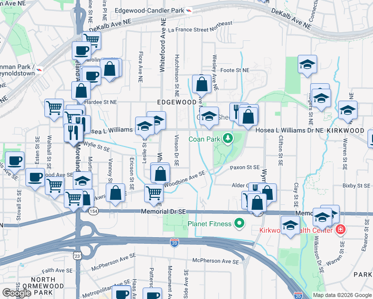 map of restaurants, bars, coffee shops, grocery stores, and more near 66 Vinson Drive Southeast in Atlanta