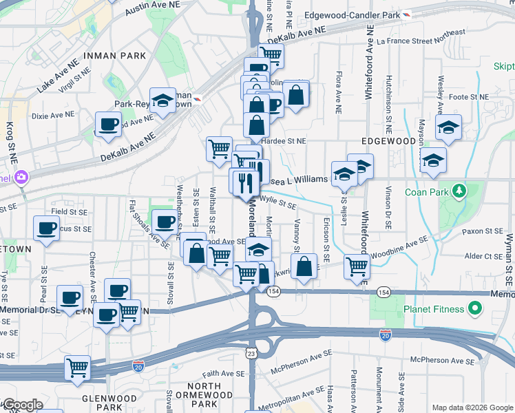 map of restaurants, bars, coffee shops, grocery stores, and more near 73 Moreland Avenue Southeast in Atlanta