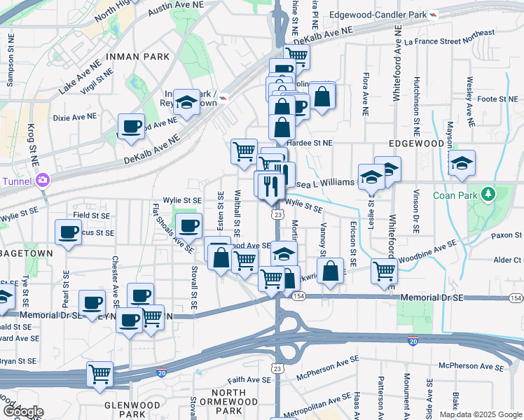 map of restaurants, bars, coffee shops, grocery stores, and more near 60 Cleveland Street Southeast in Atlanta