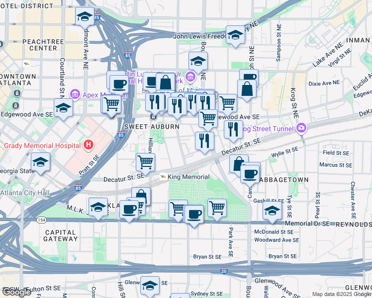 map of restaurants, bars, coffee shops, grocery stores, and more near 412 Todd Street Southeast in Atlanta