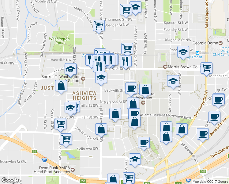 map of restaurants, bars, coffee shops, grocery stores, and more near 96-198 Bonair Street Southwest in Atlanta