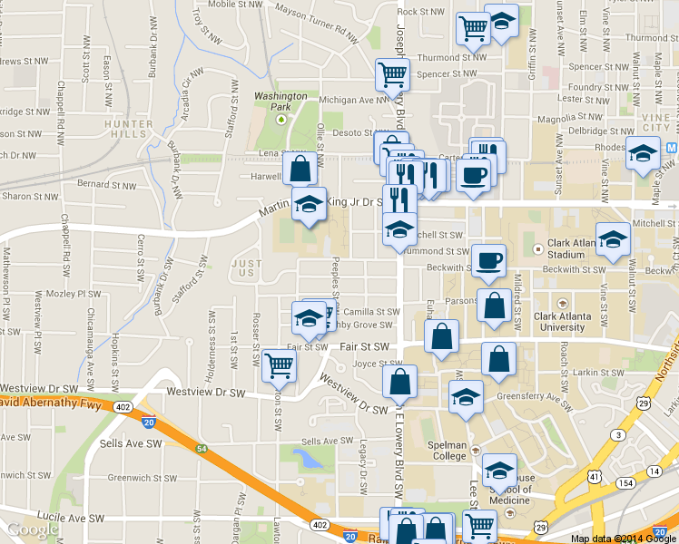 map of restaurants, bars, coffee shops, grocery stores, and more near 999 Palmetto Avenue Southwest in Atlanta