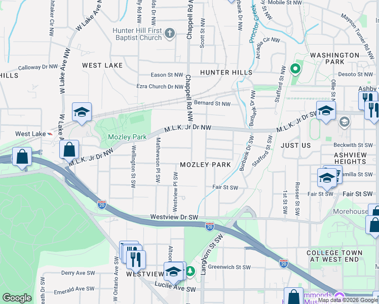 map of restaurants, bars, coffee shops, grocery stores, and more near 1407 Mozley Place Southwest in Atlanta