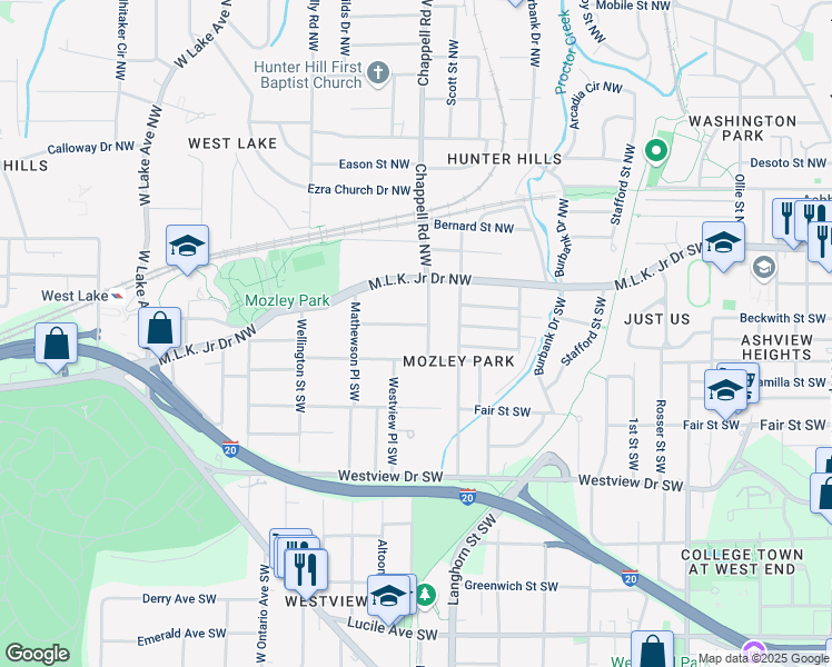 map of restaurants, bars, coffee shops, grocery stores, and more near 1424 Adele Avenue Southwest in Atlanta