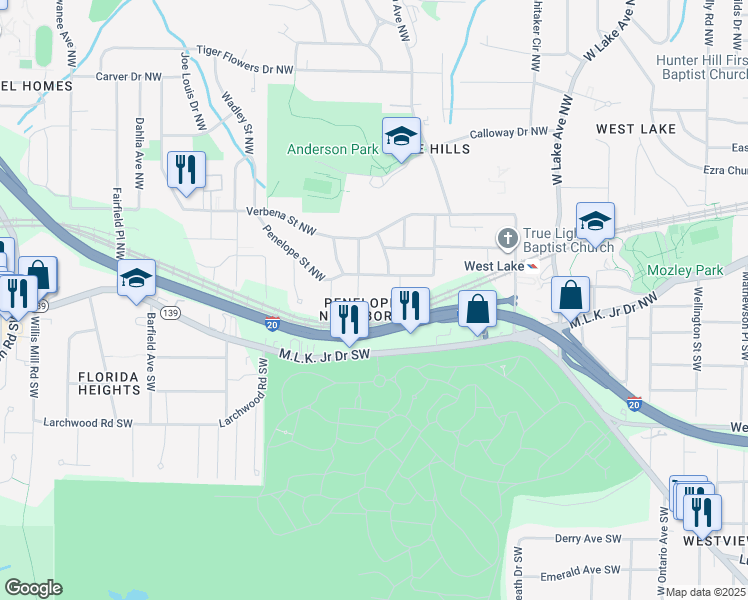 map of restaurants, bars, coffee shops, grocery stores, and more near 2040 Blayton Circle Northwest in Atlanta